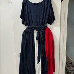 eShakti Navy and Red Colorblock Midi Dress